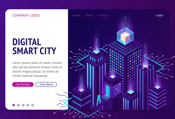 Ψηφιακή smart city ισομετρική σελίδα προορισμού banner — Διανυσματικό Αρχείο