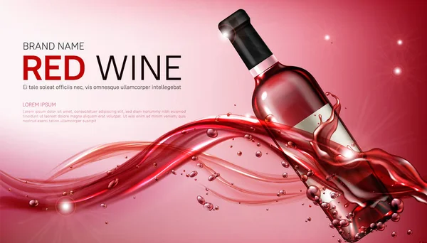 Garrafas de vidro de vinho em líquido vermelho fluindo realista —  Vetores de Stock