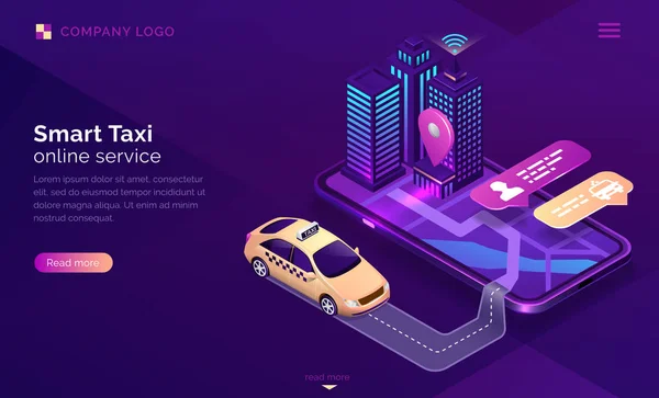 Service en ligne de taxi intelligent page de destination isométrique — Image vectorielle