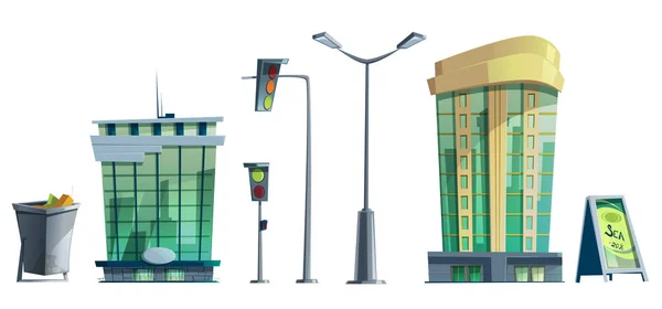 Modern city office buildings, traffic lights, street light — 스톡 벡터