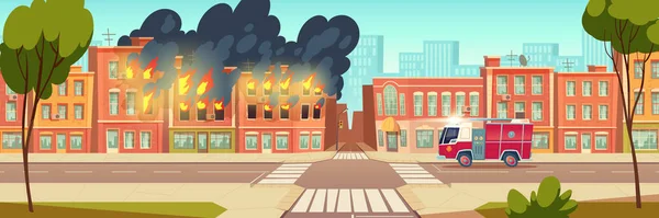 Tűz a városi házban és tűzoltókocsi a városi úton — Stock Vector
