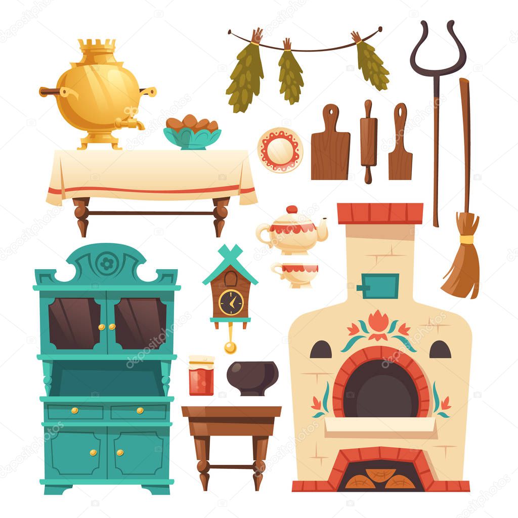 Interior elements of old russian kitchen with oven