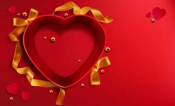 Szív alakú nyitott ajándék doboz, arany szalag gyöngy — Stock Vector