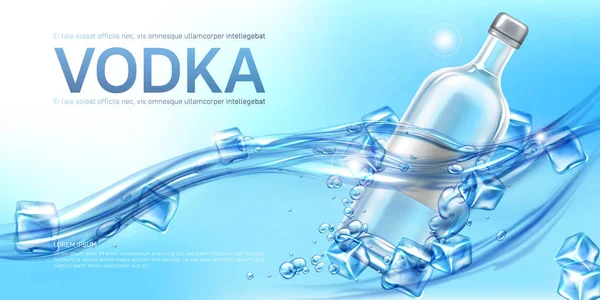 Bouteille de vodka avec glaçons maquette bannière promo — Image vectorielle