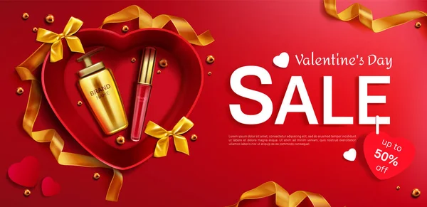Καλλυντικά Valentine ημέρα πώληση κόκκινο φόντο banner — Διανυσματικό Αρχείο