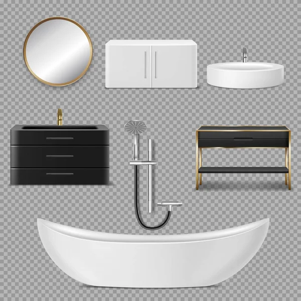 Ванна, душ, зеркало и раковина иконы для ванной комнаты — стоковый вектор