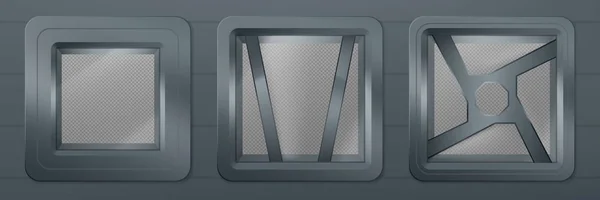 Ojal de buey en nave espacial, ventanas cuadradas de metal — Vector de stock