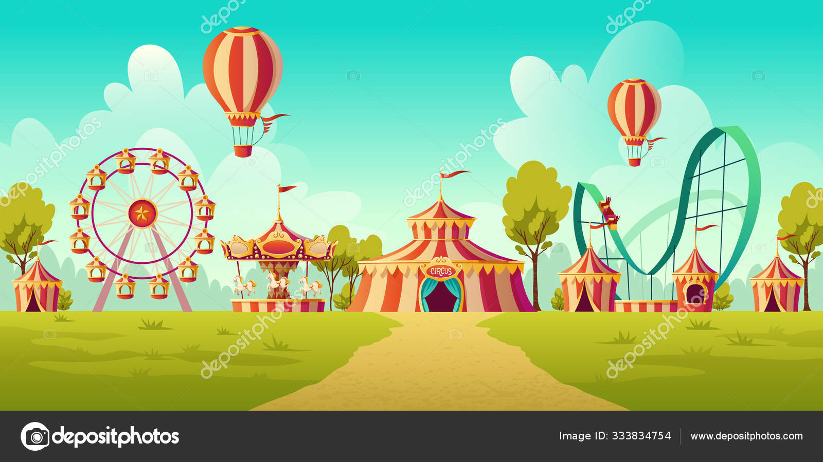 Parque de atracciones con carpa de circo y carrusel Vector de