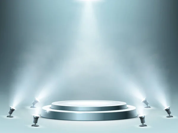 Round podium with smoke effect and spotlights — 스톡 벡터