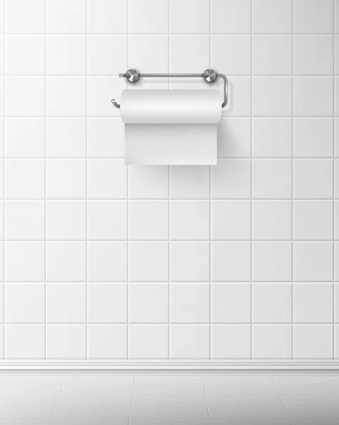 Papier toilette sur support métallique accroché au mur carrelé — Image vectorielle