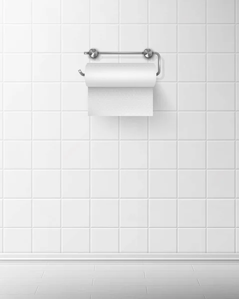 Toiletpapier op metalen houder opgehangen aan betegelde wand — Stockvector