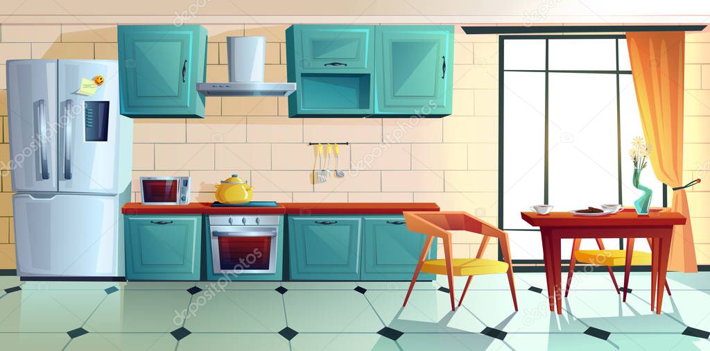 Home kitchen, empty interior with appliances.