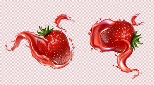Erdbeere mit Saftspritzer, realistisch isoliert — Stockvektor
