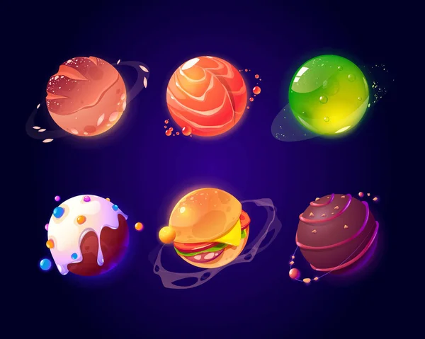 Espace avec planètes alimentaires, hamburger et texture de bonbons — Image vectorielle