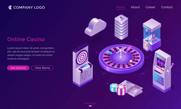 Casino en ligne page de destination isométrique, bannière web — Image vectorielle