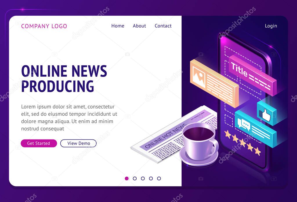 Online news producing isometric landing web page