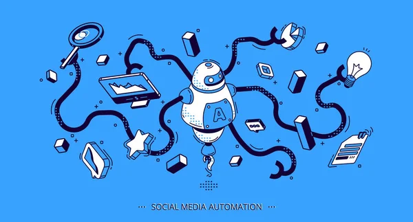 Bannière isométrique d'automatisation des médias sociaux. SEO — Image vectorielle