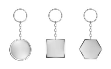 Keychains set. Metal round, square and hexagon clipart