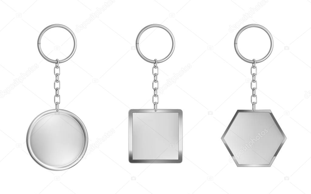 Keychains set. Metal round, square and hexagon