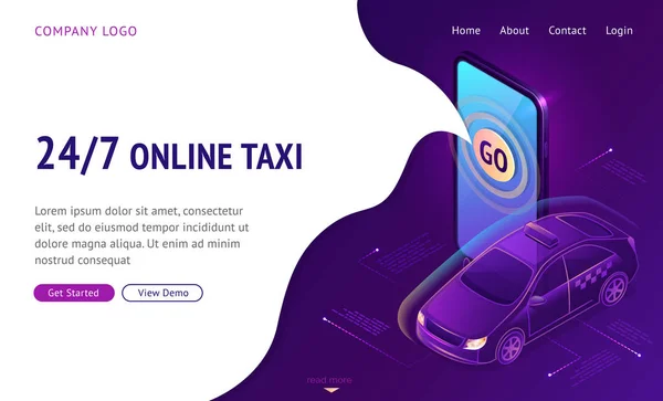 Taxi online 24 7 landing page isometrica banner web — Vettoriale Stock