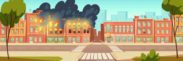 Fire in city house, burning building cartoon — 스톡 벡터
