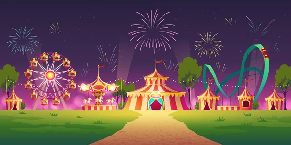 Parque de atracciones con carpa de circo y fuegos artificiales — Archivo Imágenes Vectoriales