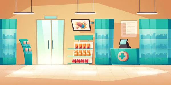 Interior da farmácia com balcão, comprimidos e medicamentos —  Vetores de Stock