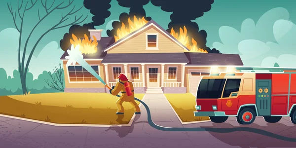 Bombero apagar fuego en casa — Vector de stock