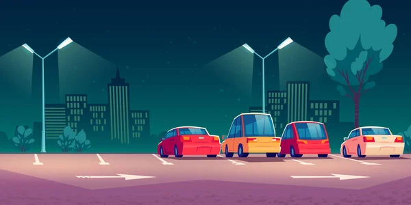 Coches en la ciudad estacionamiento de la calle por la noche — Vector de stock