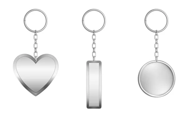 Keychains set. Metal round, rectangular and heart — Stock Vector
