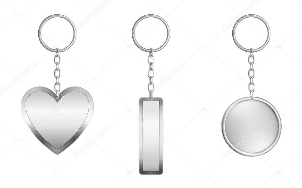 Keychains set. Metal round, rectangular and heart