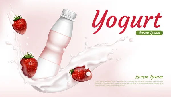 Joghurtflasche mit Erdbeeren und Milchspritzer — Stockvektor