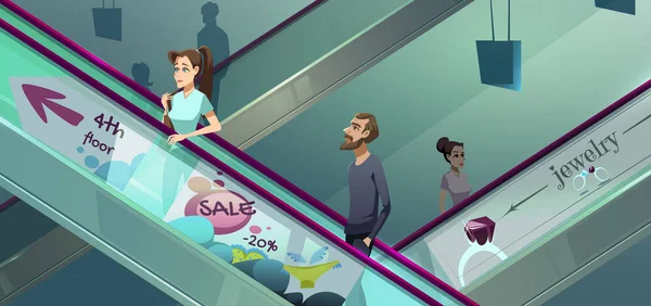 Personnes sur les escaliers roulants dans le centre commercial — Image vectorielle