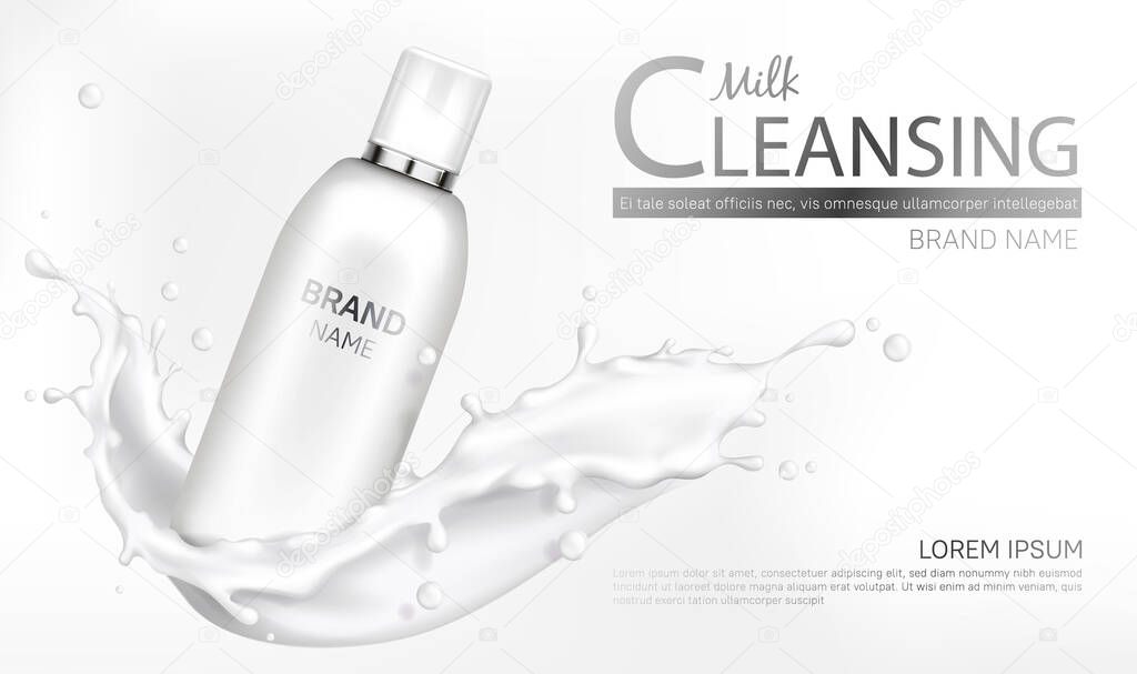 Milk cosmetics bottle mockup with splash design