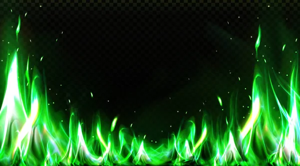 Realistic green fire border, burning flame clipart — 스톡 벡터