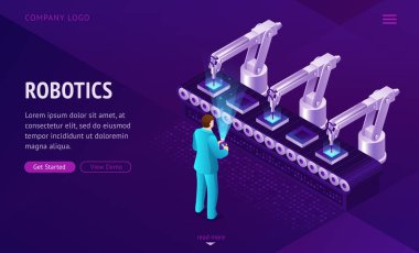 Fabrika taşıma bandı iniş sayfası. Robot kolları.