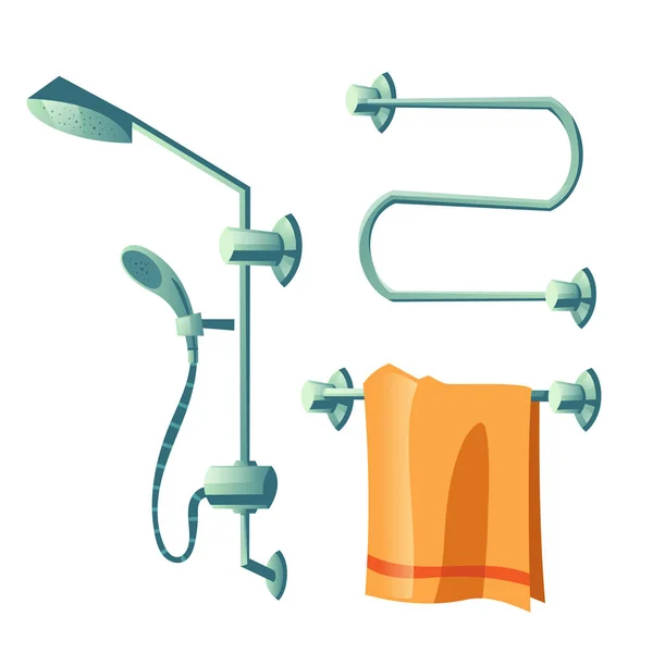 Aksesoris kamar mandi mandi kepala dan pemanas handuk - Stok Vektor