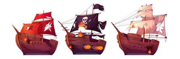 Batalla marítima de barcos de madera y velero pirata — Vector de stock