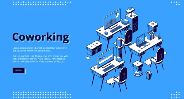 Espaço de coworking landing page isométrica. Trabalho em equipa —  Vetores de Stock