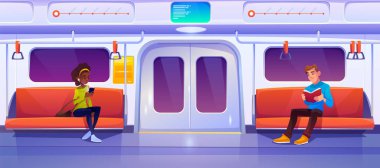 Metro vagonunda, metro vagonunda oturan insanlar.