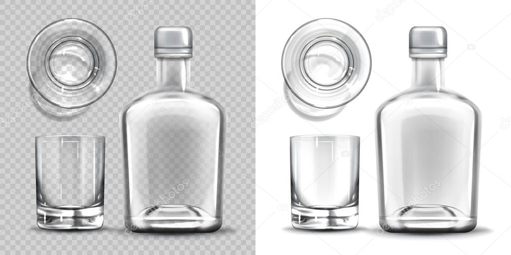 Empty bottle and shot glass side and top view set.