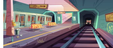 Empty messy subway platform with arriving trains clipart