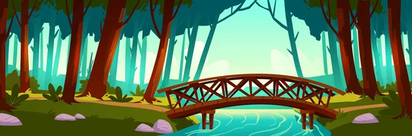 Puente de madera cruzando río en bosque — Archivo Imágenes Vectoriales