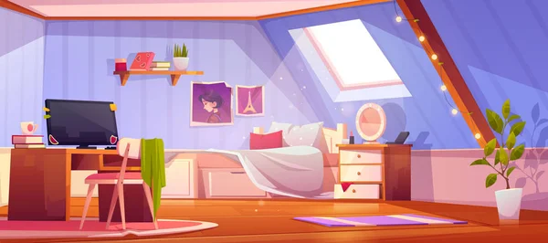 Vektor kartun gadis kamar tidur interior di loteng - Stok Vektor