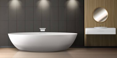 Banyo içi banyo, lavabo ve yuvarlak ayna.