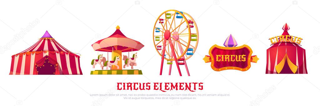 Circus icons with carousel, ferris wheel and tent