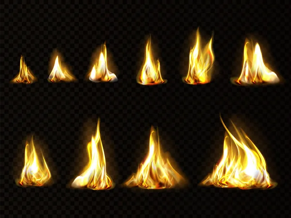 Foc realist setat pentru animație, flacără izolată — Vector de stoc