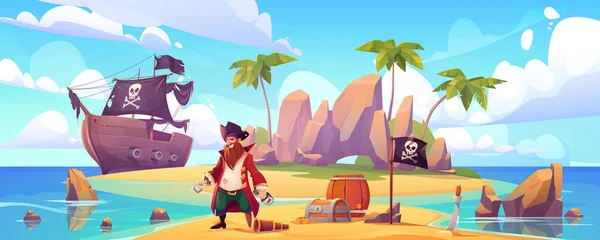 Pirate on island with treasure, filibuster captain — Stock Vector