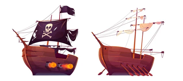 Піратський корабель і рабська галька з веслами ізольовані — стоковий вектор