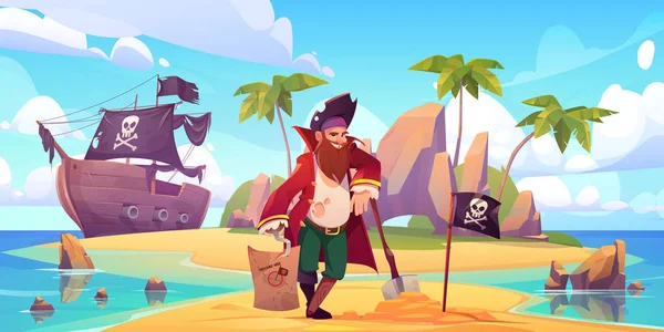 Cofre tesoro pirata enterrado en isla tropical — Vector de stock